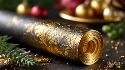 Roll Of Decorative Gold And Black Christmas Wrapping Paper