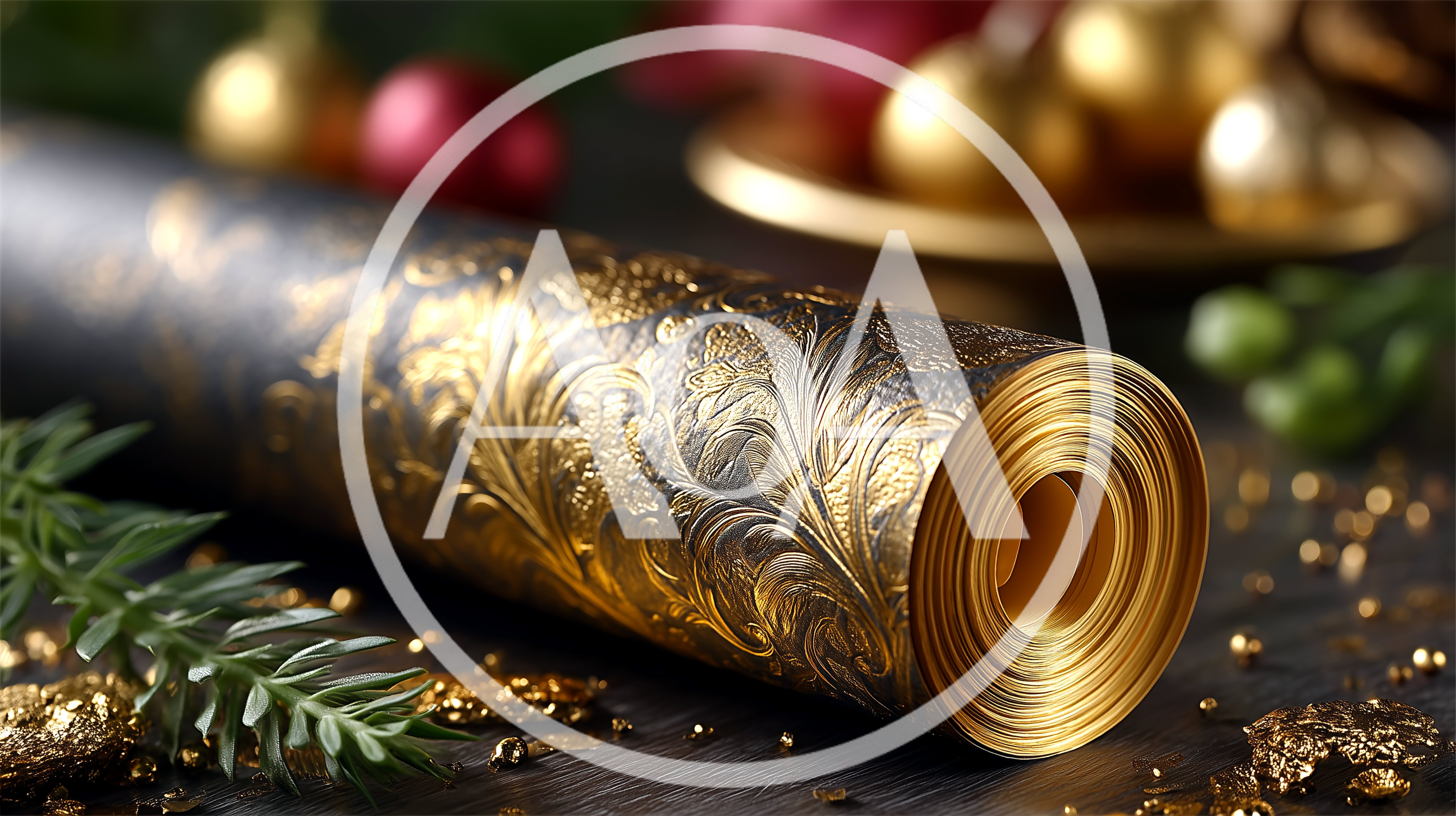 Roll Of Decorative Gold And Black Christmas Wrapping Paper