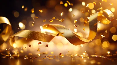 Golden Ribbon With Falling Confetti Particles