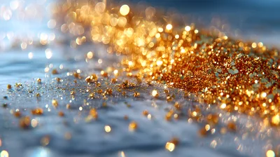 Golden Glitter Particles Scattered On A Blue Surface