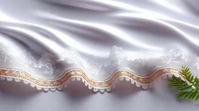 White Satin Fabric With Intricate Lace Trim