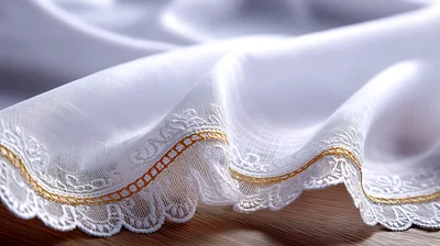White Fabric With Intricate Gold Embroidered Lace Trim