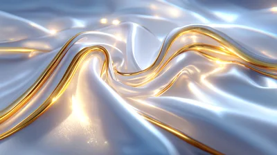 Abstract White Silk Fabric With Golden Flowing Lines