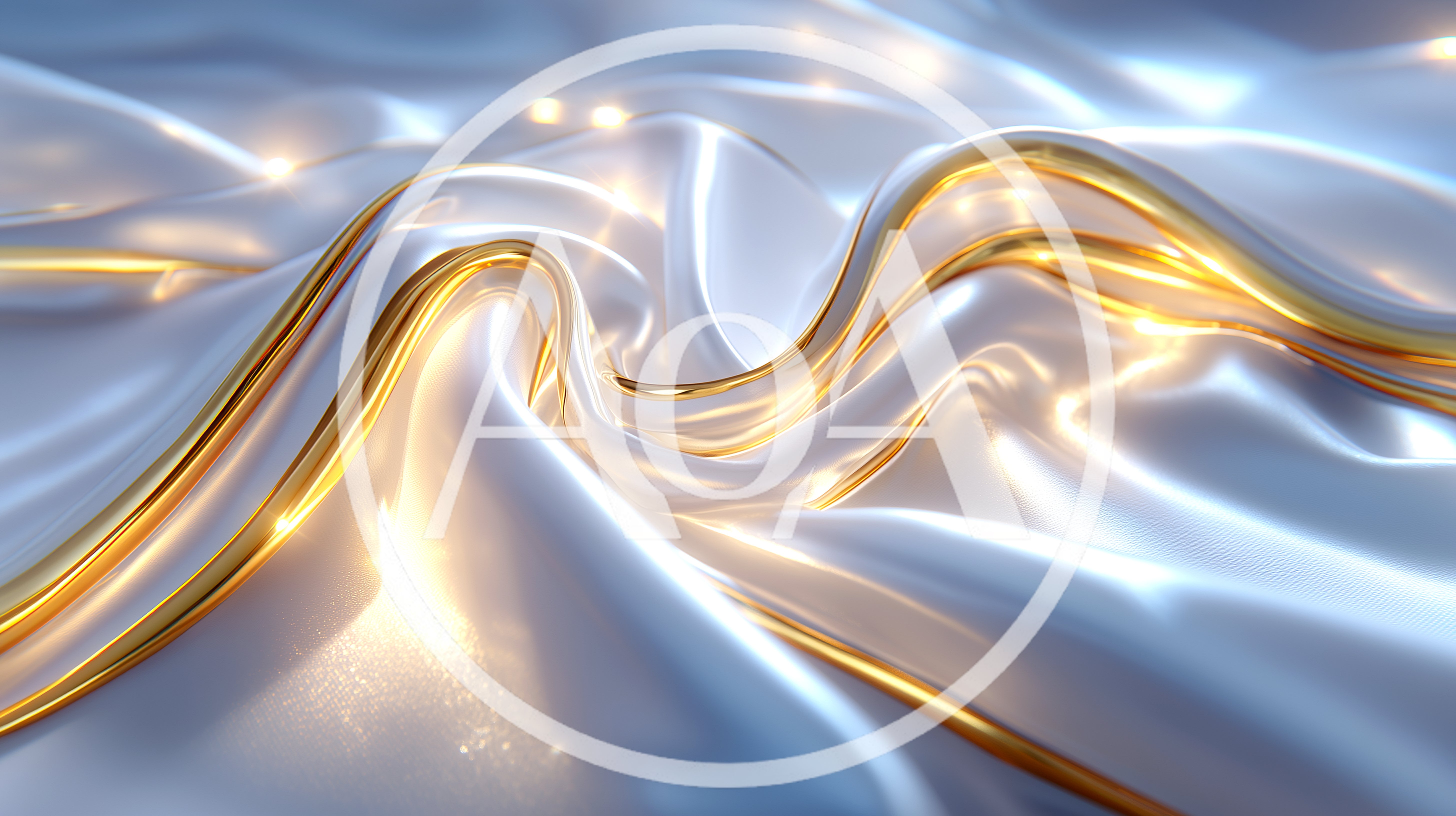 Abstract White Silk Fabric With Golden Flowing Lines