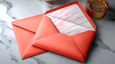 Two Coral Envelopes With Marble Patterned Stationery
