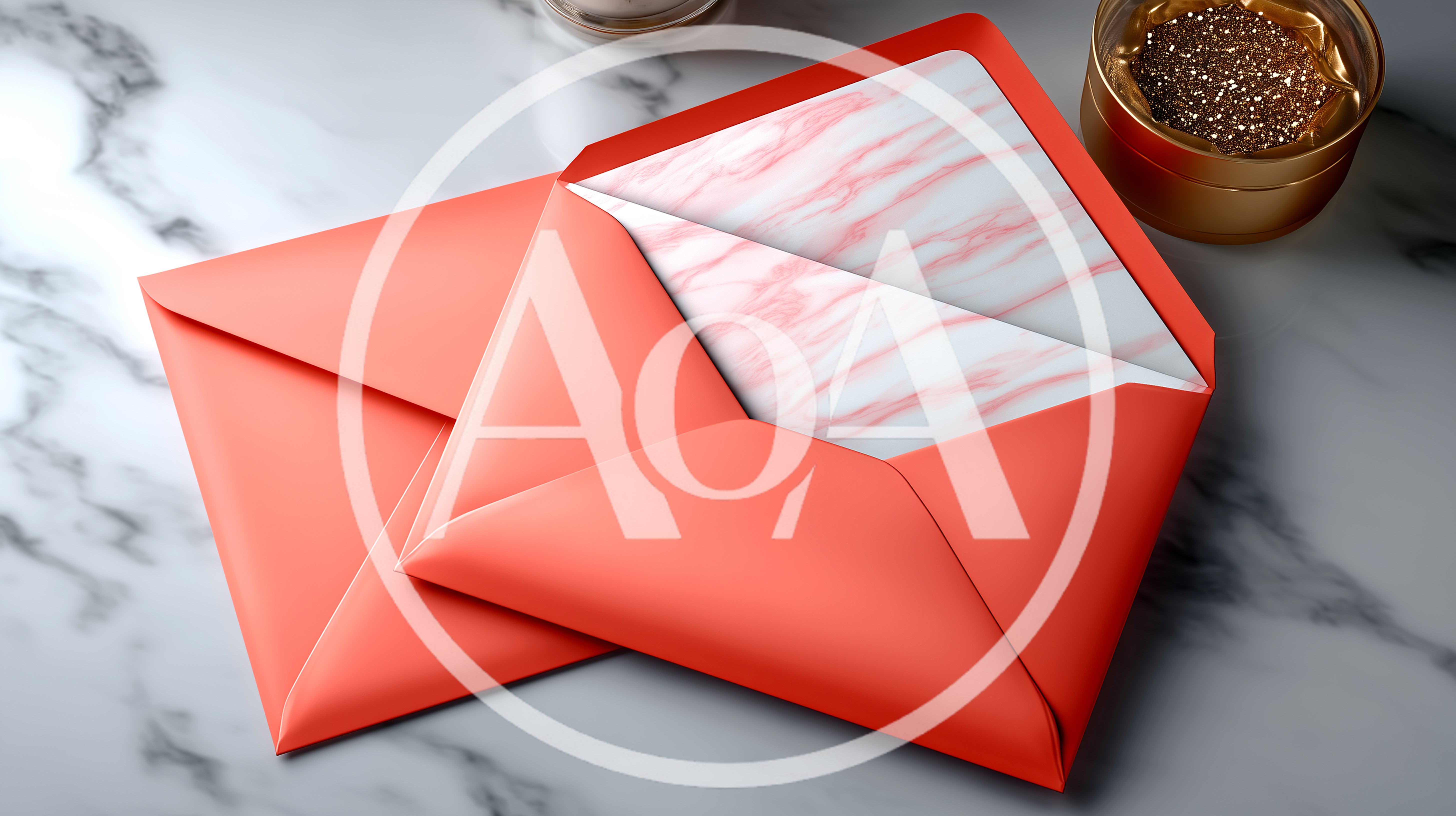 Two Coral Envelopes With Marble Patterned Stationery