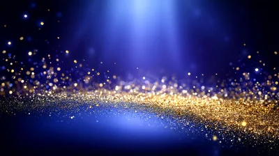 Abstract Golden Glitter Particles On Blue Background