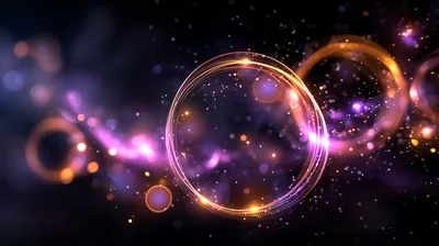 Abstract Glowing Golden Rings With Purple Particle Background