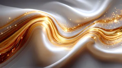 Abstract Flowing White Silk With Golden Liquid Waves