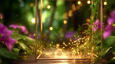 Golden Frame With Magical Floating Particles In Garden