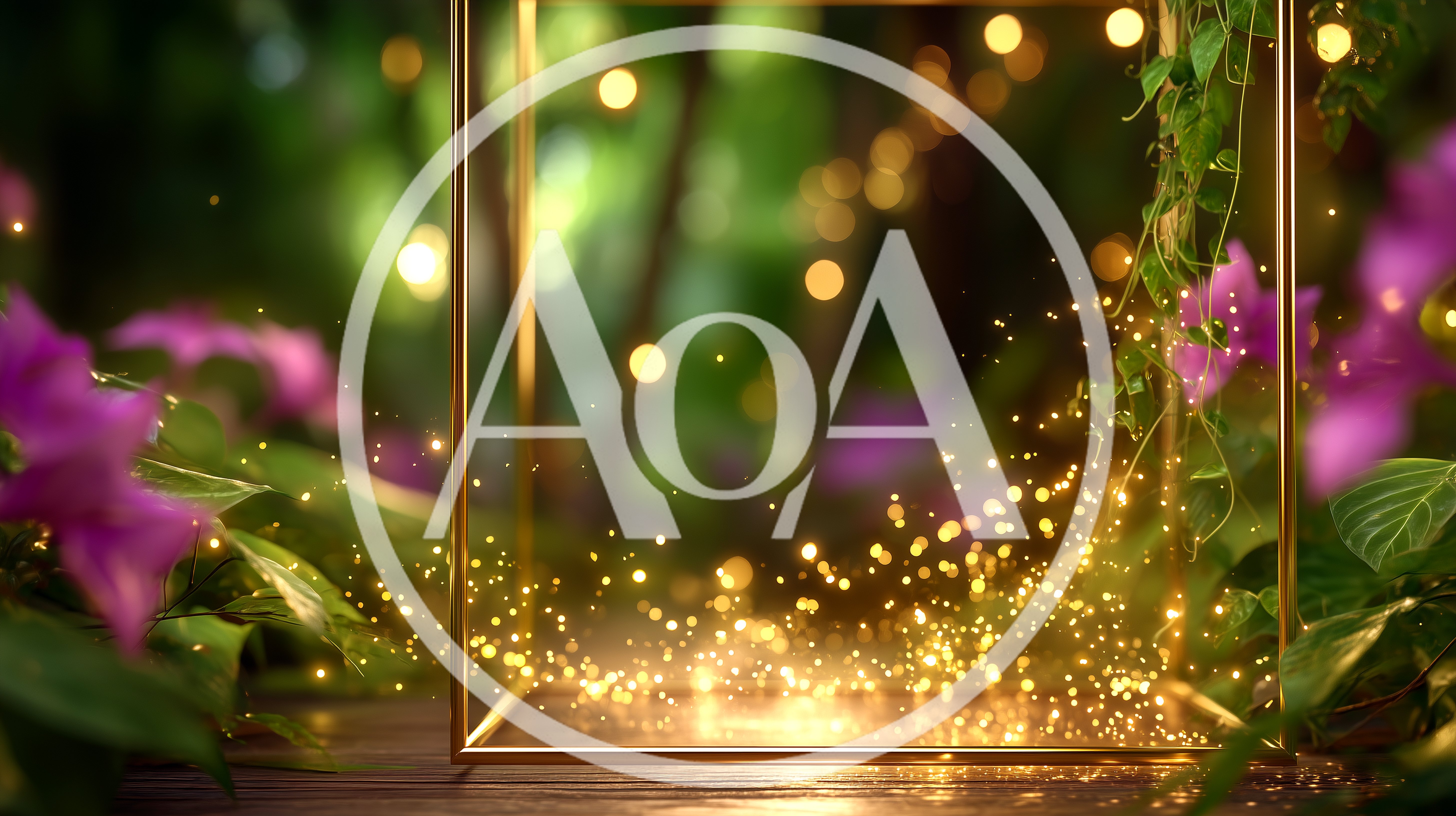 Golden Frame With Magical Floating Particles In Garden