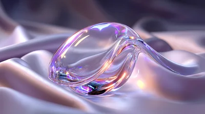 Abstract Iridescent Glass Sculpture On Silky Fabric