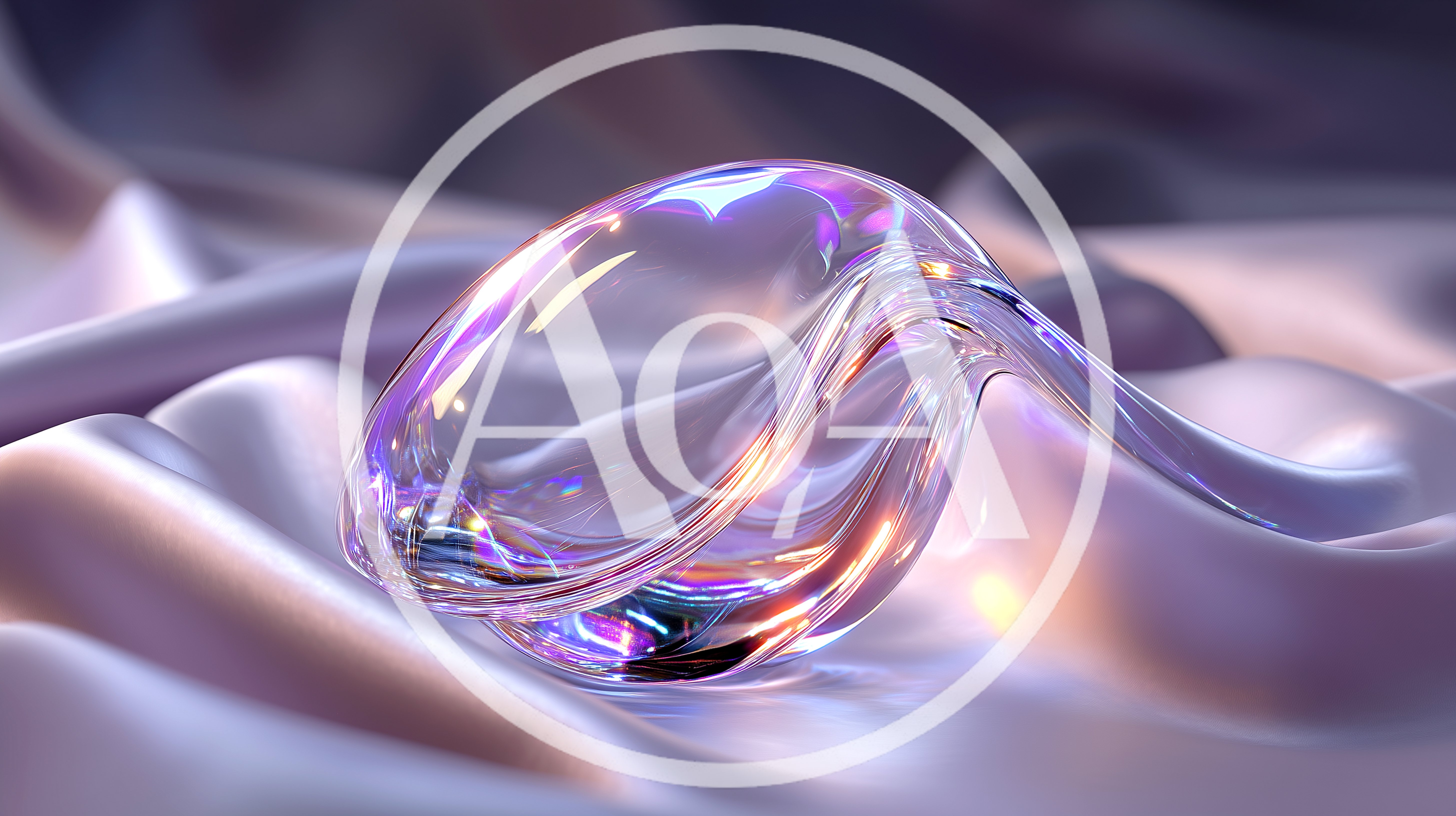 Abstract Iridescent Glass Sculpture On Silky Fabric