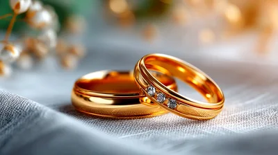 Two Gold Wedding Rings Resting On Soft Fabric