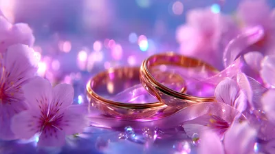 Two Golden Wedding Rings Surrounded By Pink Flowers