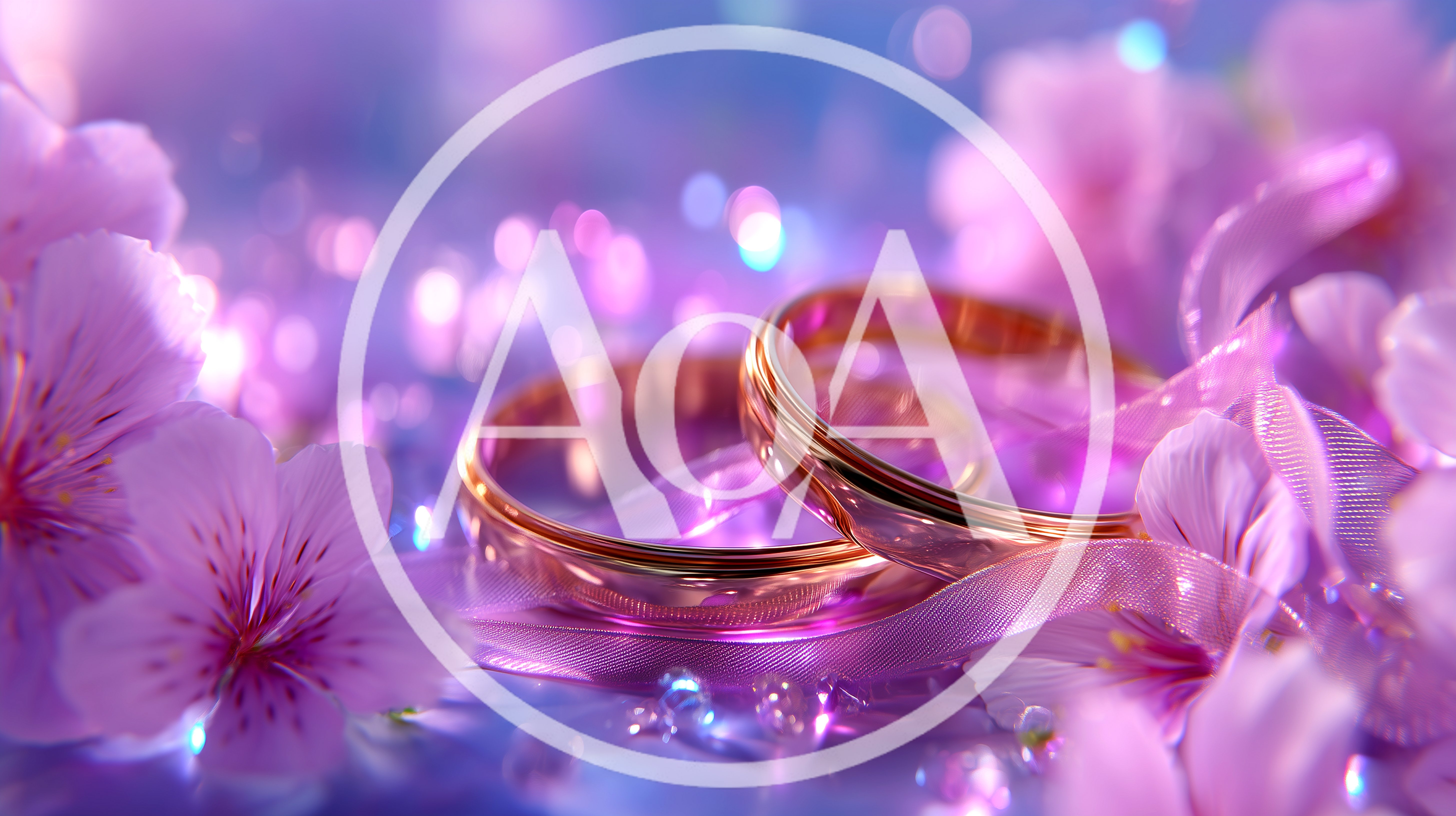 Two Golden Wedding Rings Surrounded By Pink Flowers