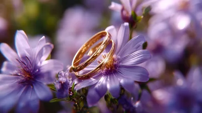 Two Gold Wedding Rings Resting On Purple Aster Flowers