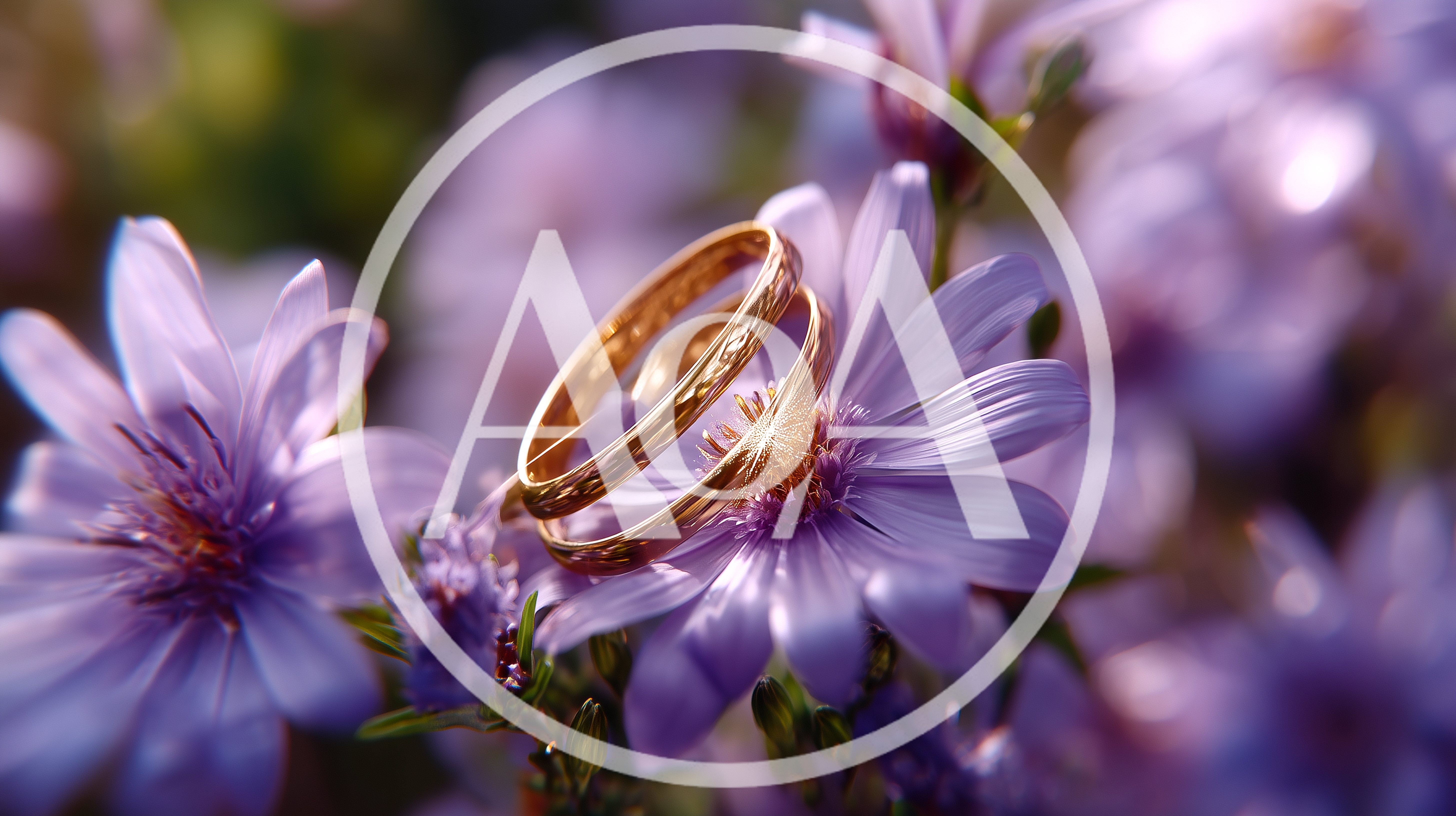 Two Gold Wedding Rings Resting On Purple Aster Flowers
