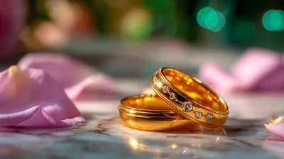 Two Gold Wedding Rings With Diamonds On Marble
