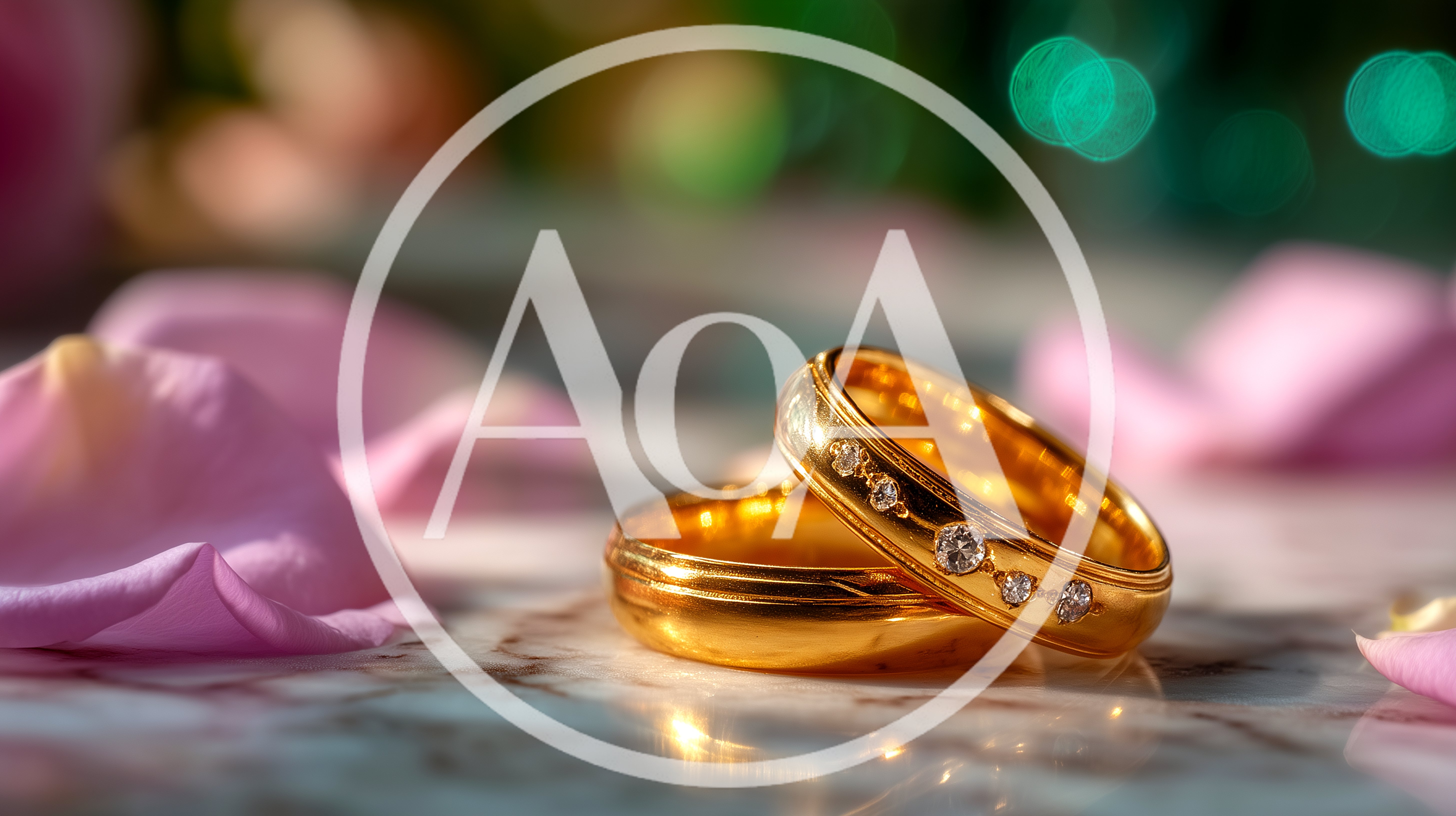 Two Gold Wedding Rings With Diamonds On Marble