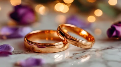 Two Gold Wedding Rings On Marble Surface