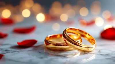 Two Gold Wedding Rings on Marble Surface