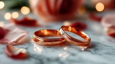 Two Gold Wedding Rings With Rose Petals
