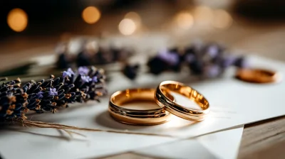 Two Gold Wedding Rings With Lavender Sprigs