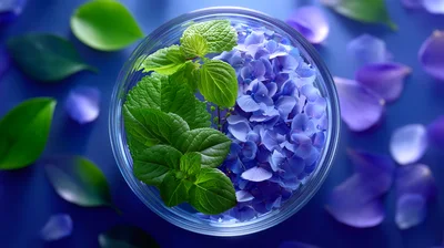 Hydrangea Flowers And Mint Leaves In Glass Bowl