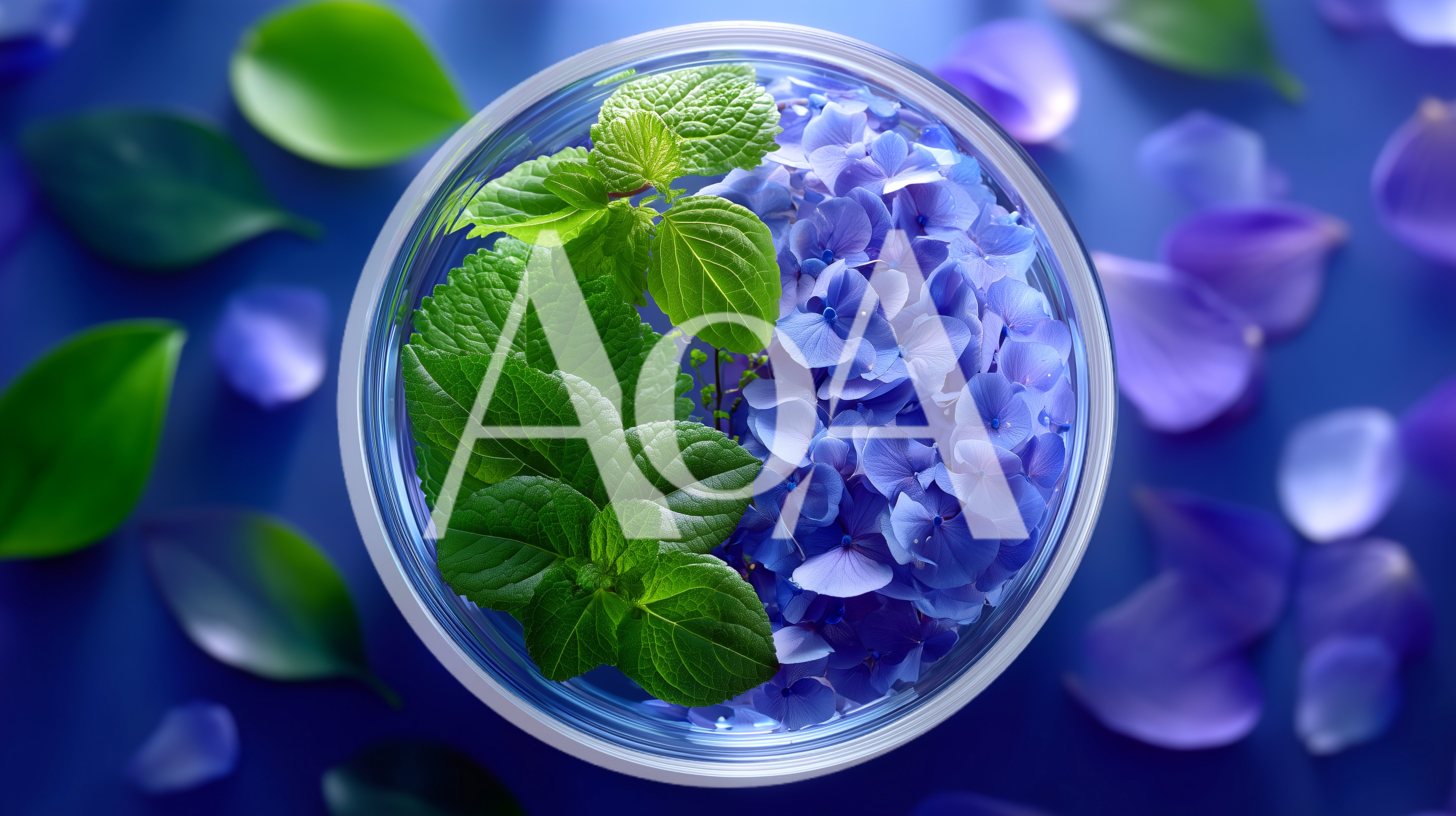 Hydrangea Flowers And Mint Leaves In Glass Bowl