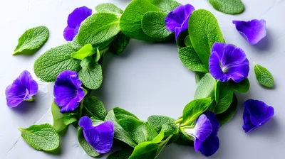 Wreath Of Green Leaves And Purple Flowers