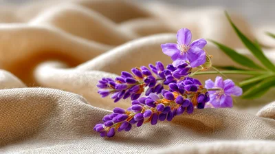 Purple Lupine Flowers Resting On Soft Beige Fabric