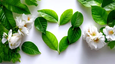 Heart Shape Made Of Green Leaves With White Flowers