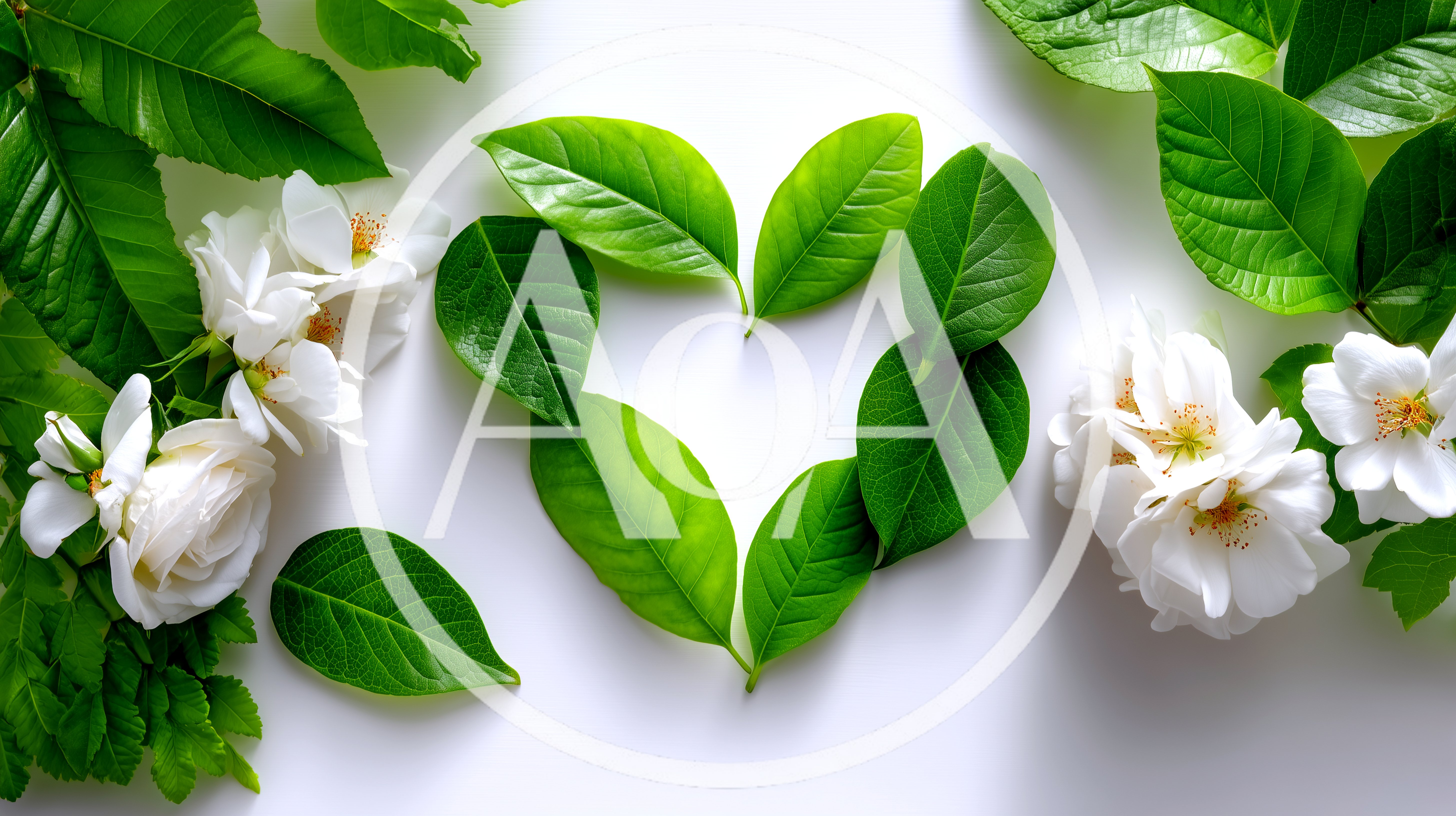 Heart Shape Made Of Green Leaves With White Flowers