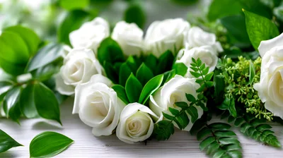 Heart Shaped Arrangement Of White Roses And Greenery