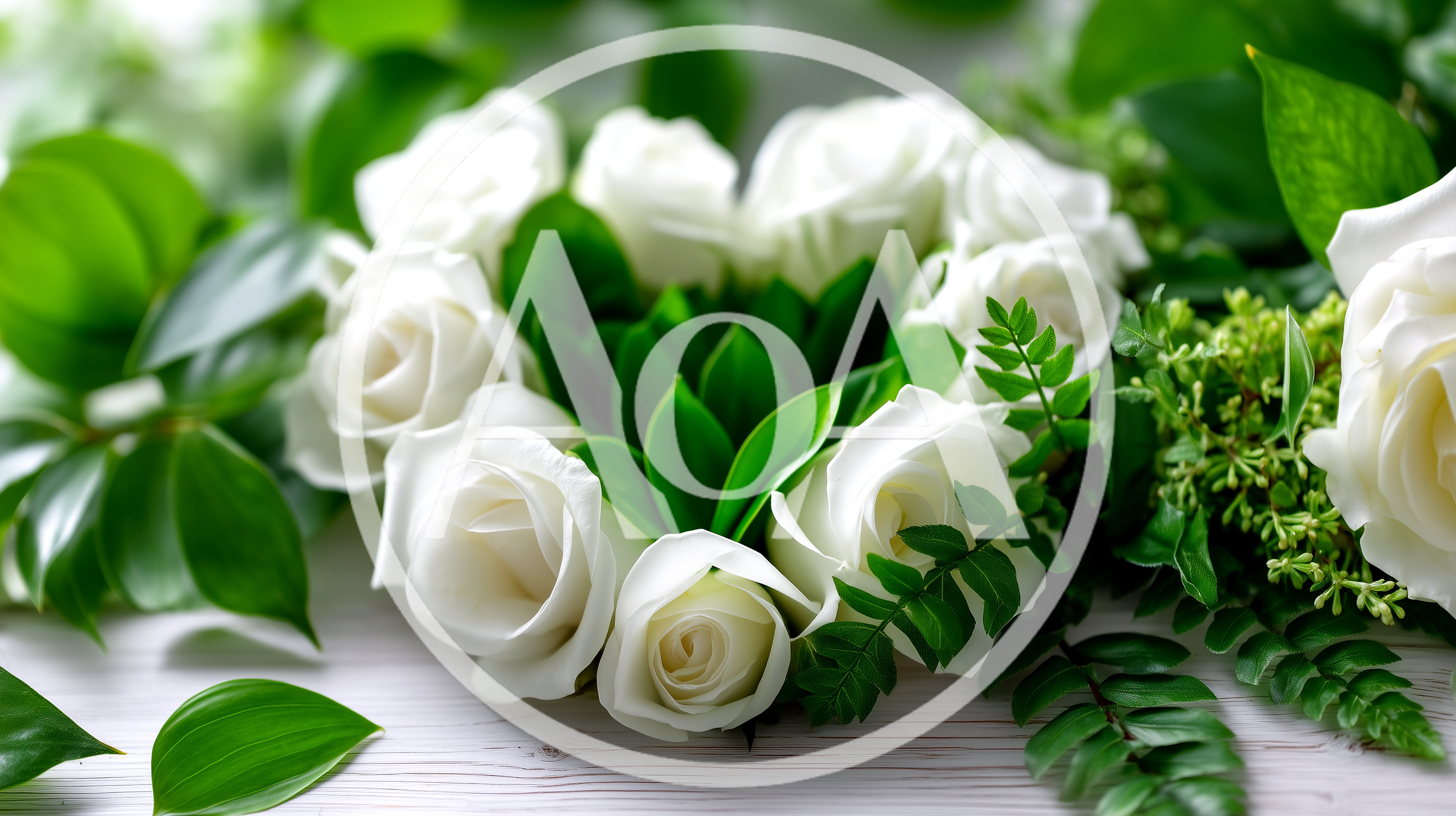 Heart Shaped Arrangement Of White Roses And Greenery
