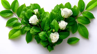 White Roses Arranged In A Heart Shape With Green Leaves