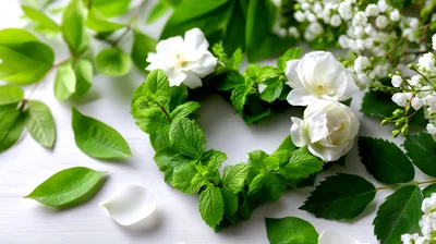 Heart Shape Made Of Fresh Mint Leaves And Flowers