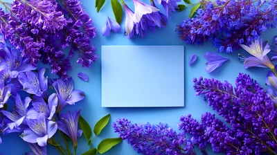Blank Blue Card Surrounded By Purple Flowers