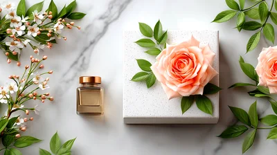 Perfume Bottle And Peach Rose On Marble Surface