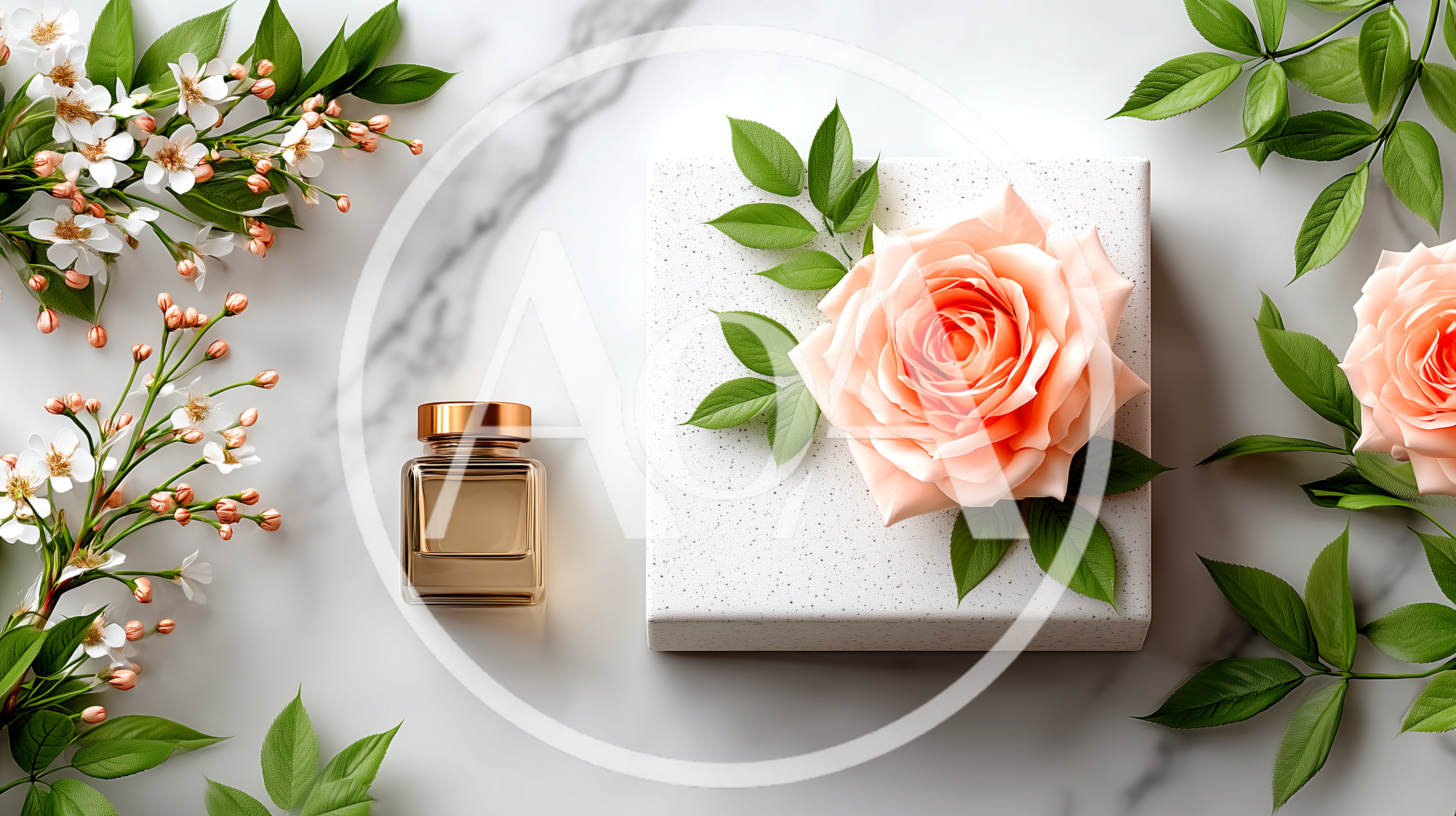 Perfume Bottle And Peach Rose On Marble Surface