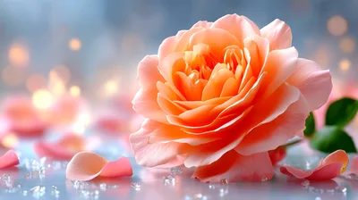 Single Peach Rose With Scattered Petals And Bokeh Background