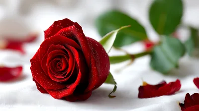 Single Red Rose With Petals On White Fabric