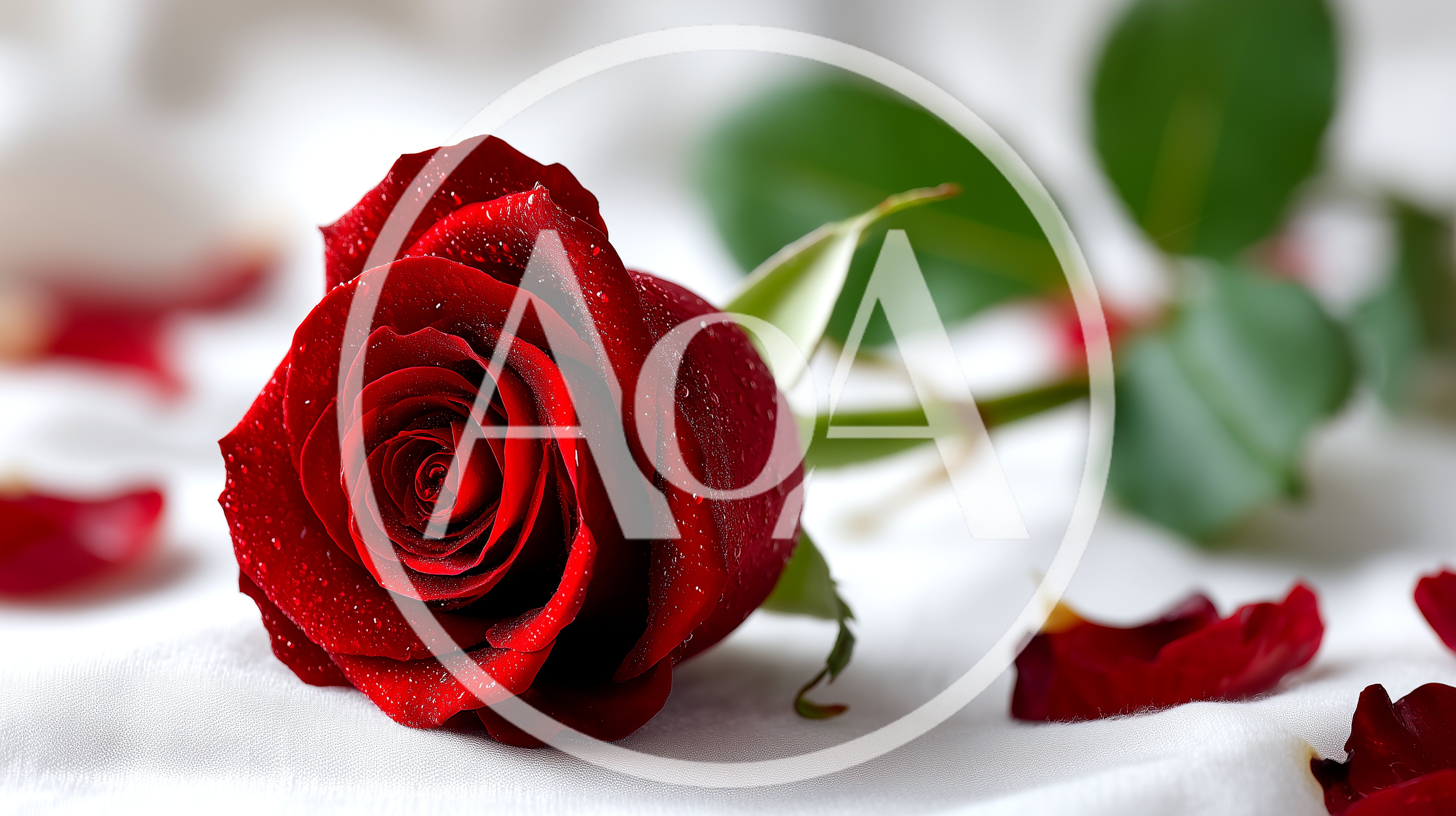 Single Red Rose With Petals On White Fabric