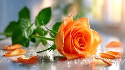 Single Orange Rose With Petals On Reflective Surface