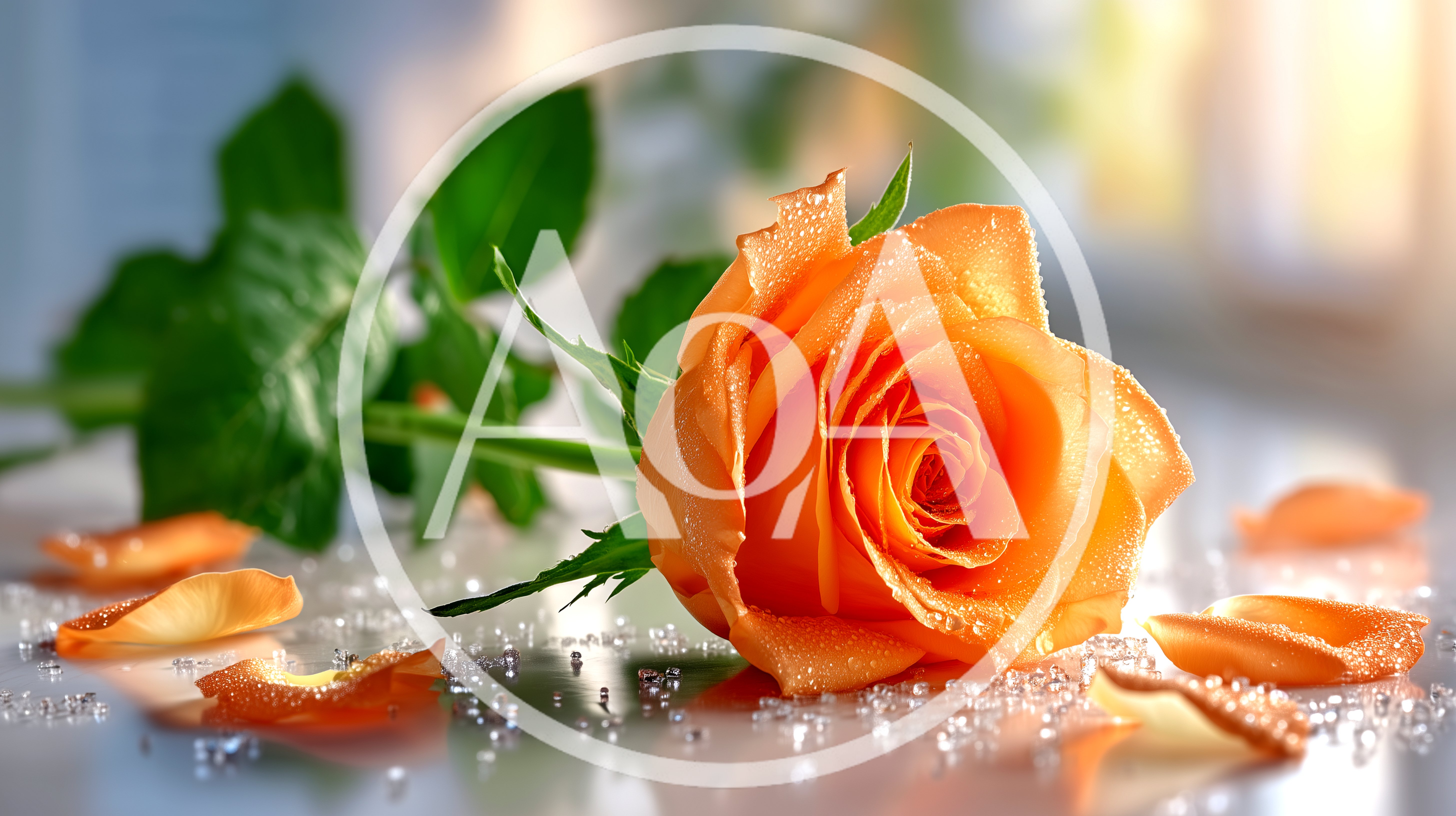 Single Orange Rose With Petals On Reflective Surface