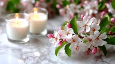 White Cherry Blossoms And Lit Candles On Marble