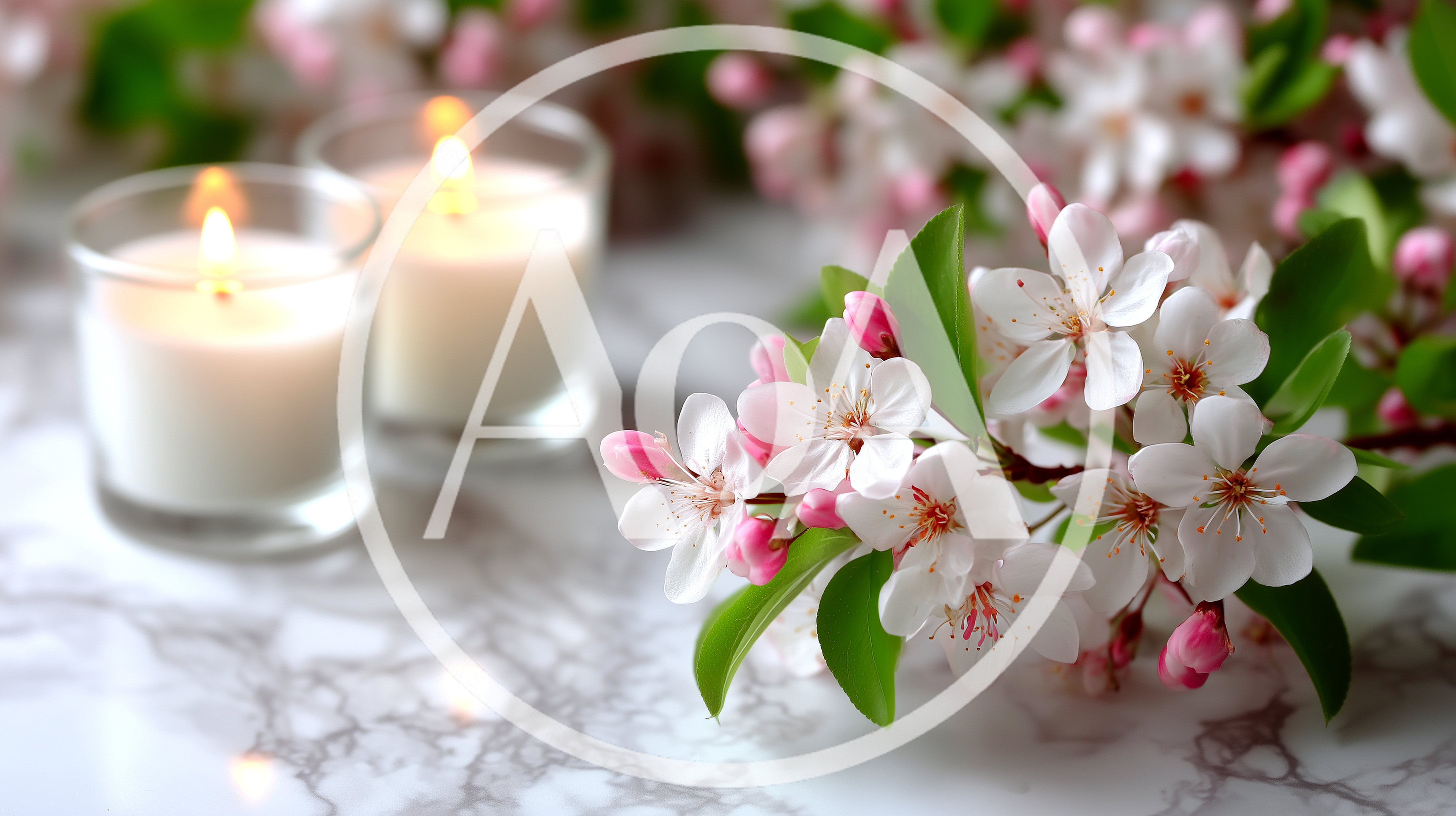 White Cherry Blossoms And Lit Candles On Marble