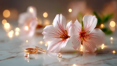 Wedding Rings And Almond Blossoms On Marble Surface