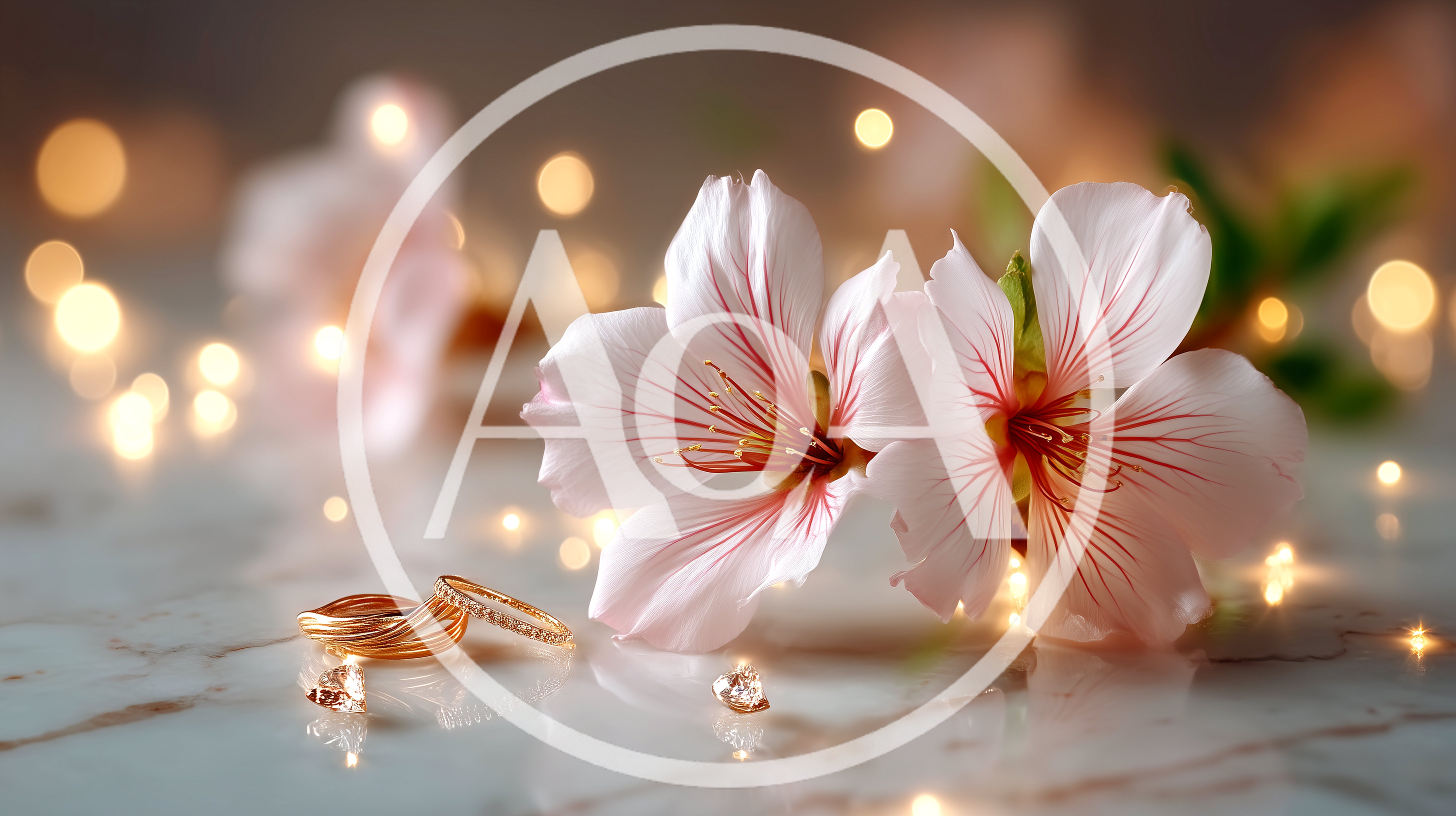 Wedding Rings And Almond Blossoms On Marble Surface